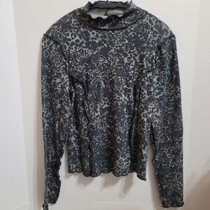Pilcro Anthropologie Ruffled Turtleneck Gray Black Leopard Print Soft Top Sz Med